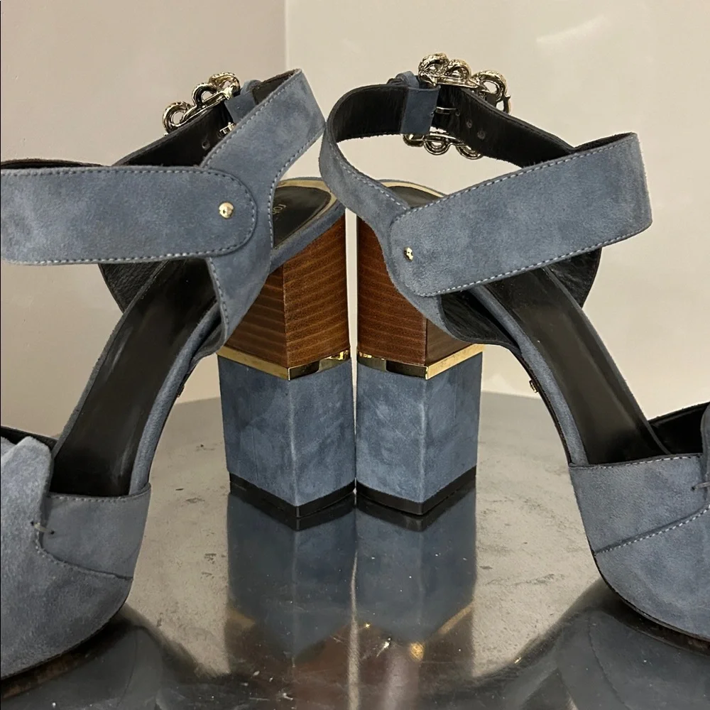 Roberto Cavalli Women's Blue Suede Block Heel Sandals - Picture 9 of 13